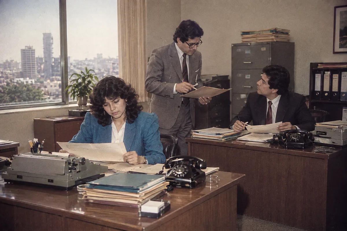Oficina de gestión de personal en Lima en los años ochenta